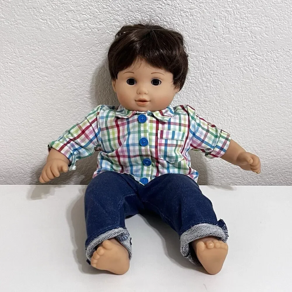 American Girl Bitty Baby Boy Twin Doll Brown Hair Brown Eyes Plaid Shirt 16